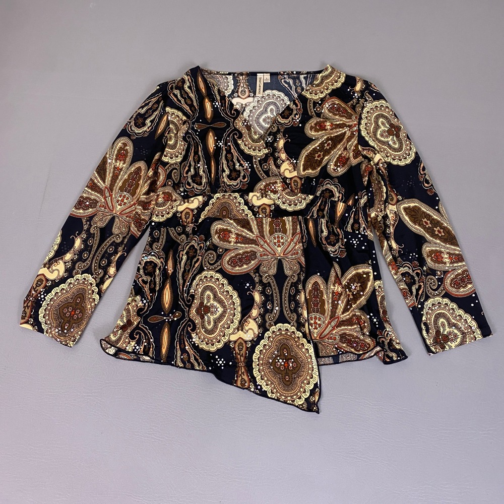 Susan Lawrence Top Women's Large Paisley V-Neck Navy Gold Sequin Long Sleeve‎ *